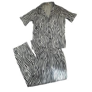 VRG GRL Animal Print Zebra Silky Pajama Set Shirt and Pants Wide Leg SIZE M